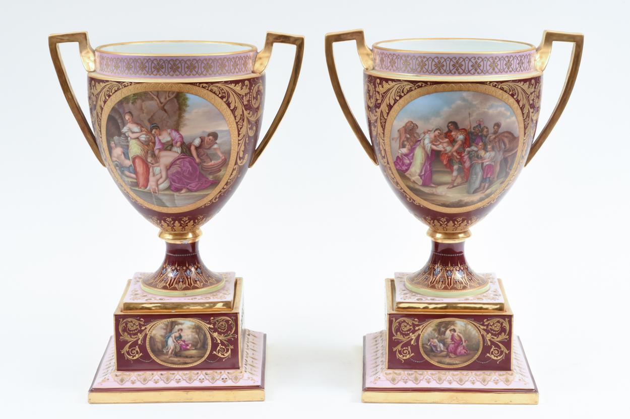 European Antique Pair of Royal Vienna Porcelain Decorative Pieces / Urns