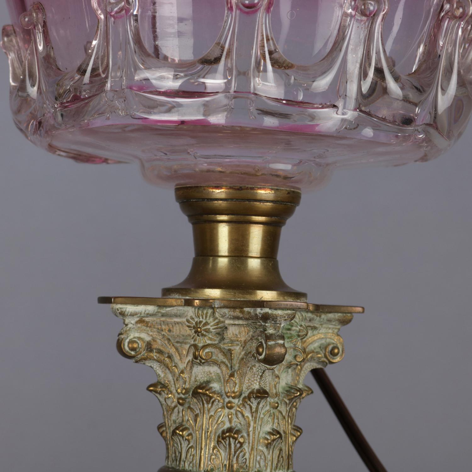 Victorian Antique Pair of Rubina Glass and Brass Electrified Oil Parlor Lamps, circa 1840