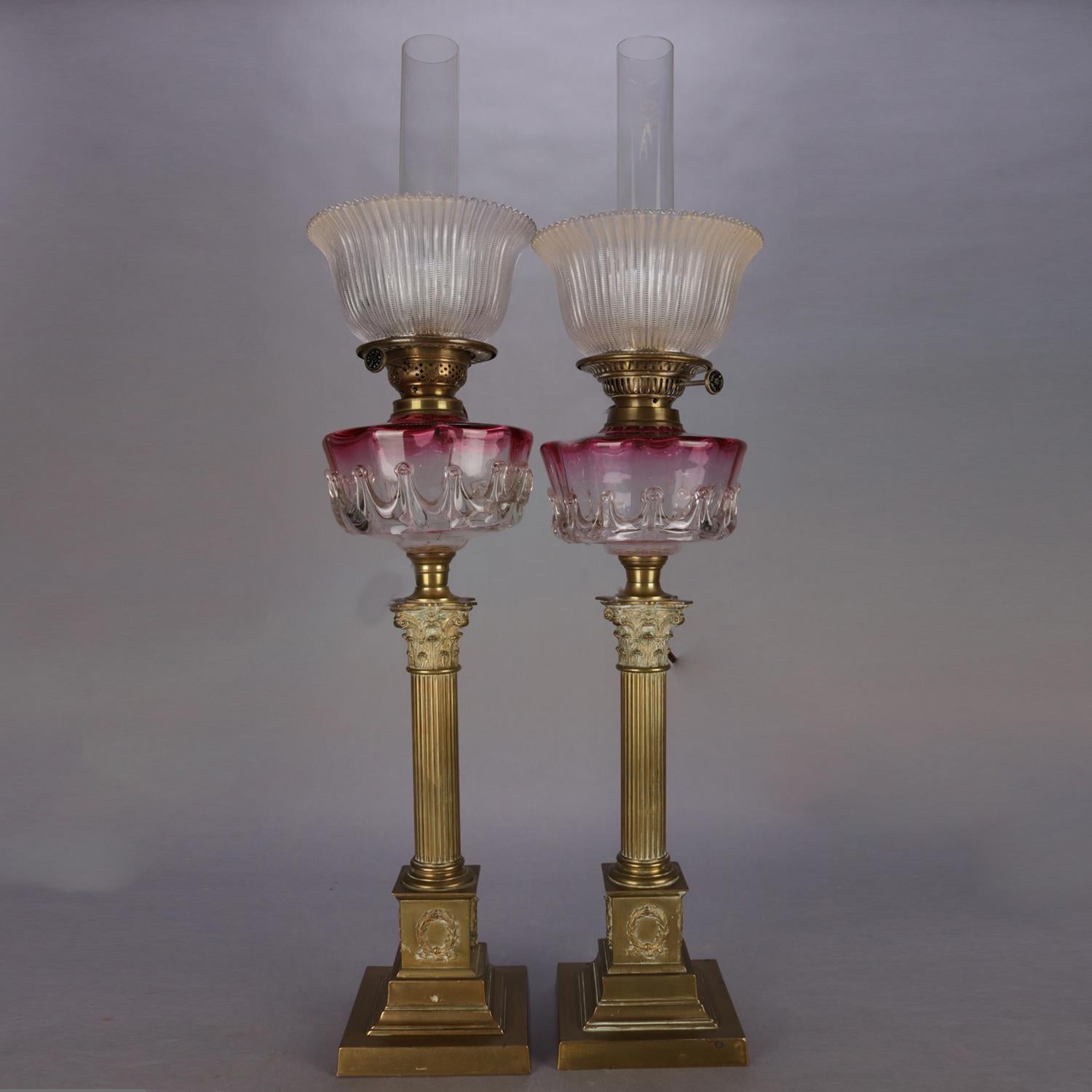 American Antique Pair of Rubina Glass and Brass Electrified Oil Parlor Lamps, circa 1840