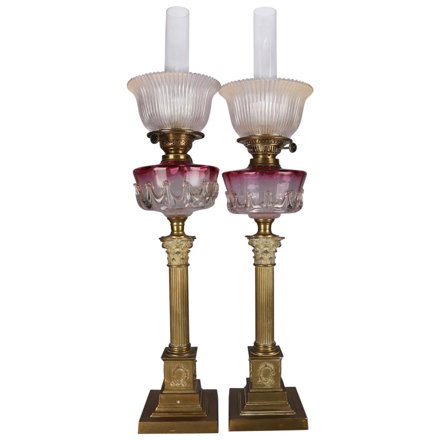 Antique Pair of Rubina Glass and Brass Electrified Oil Parlor Lamps, circa 1840