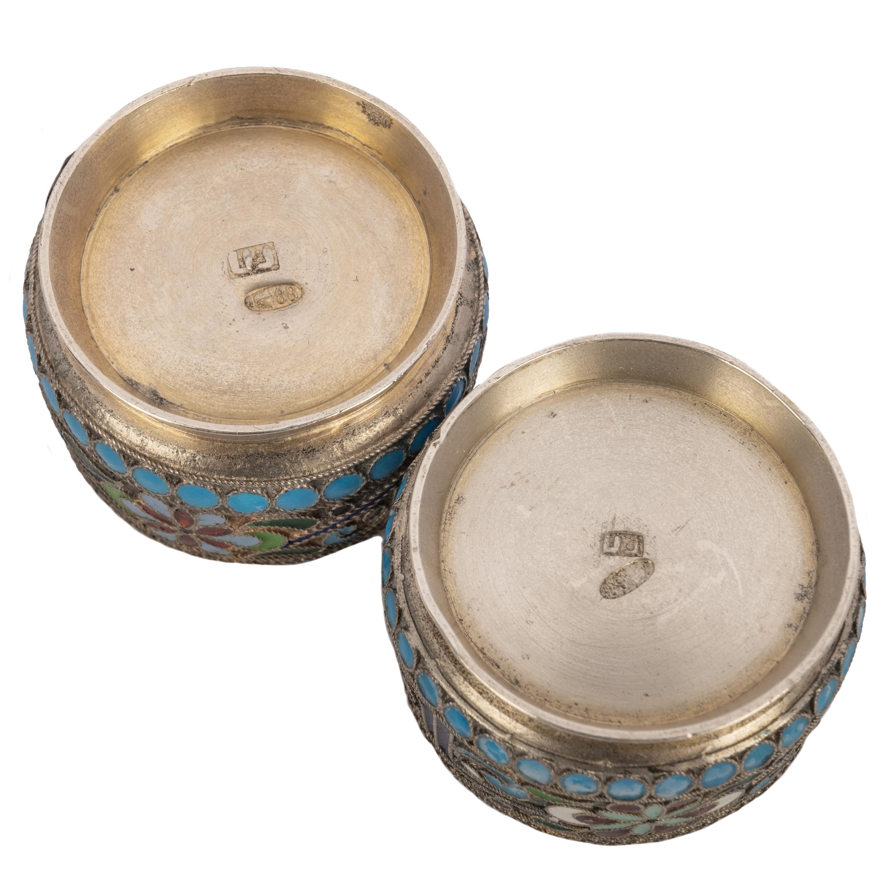 Antique Pair of Russian Silver Gilt Enamel Cloisonné Salts Spoons St. Petersburg For Sale 6