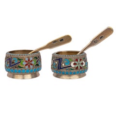 Antique Pair of Russian Silver Gilt Enamel Cloisonné Salts Spoons St. Petersburg