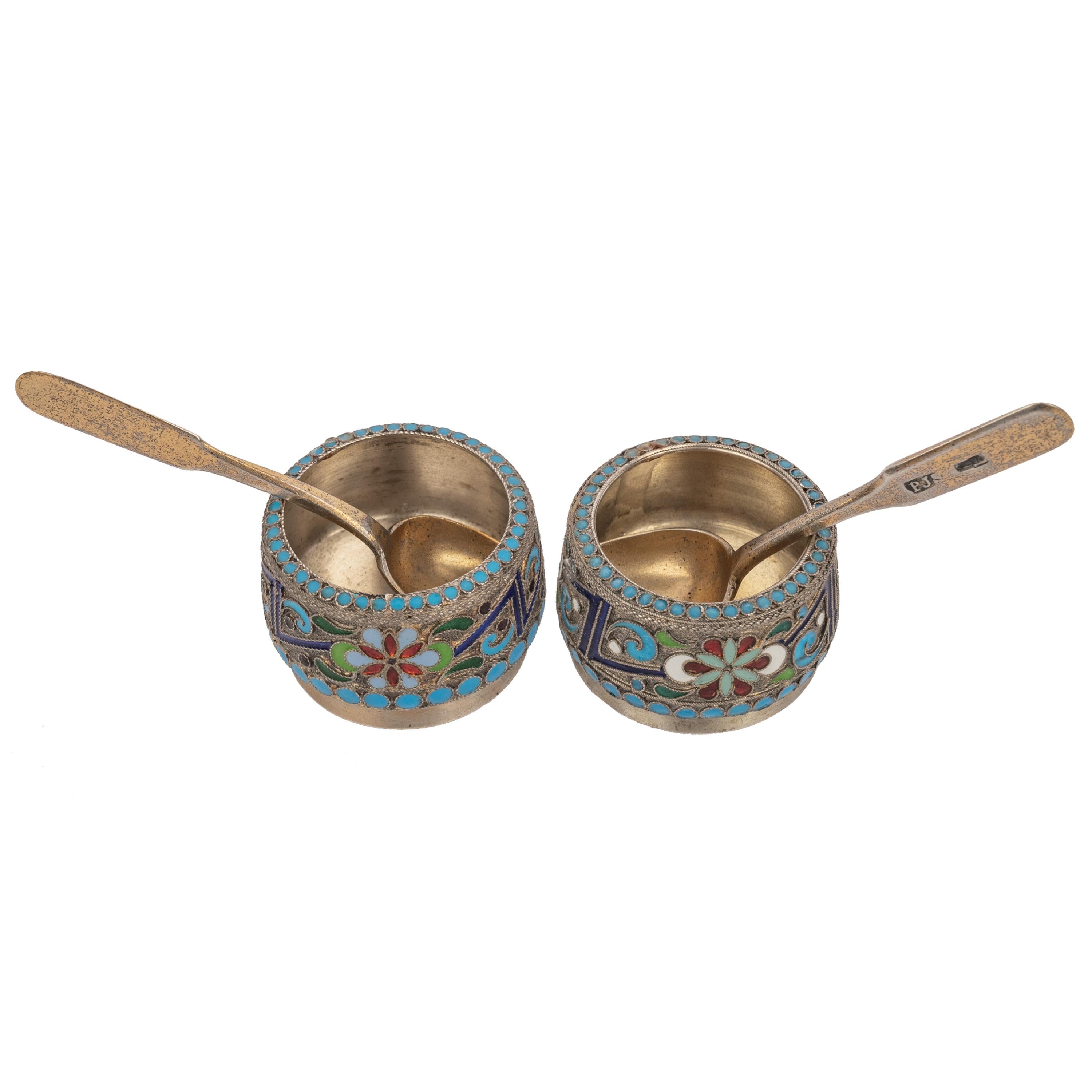 Antique Pair of Russian Silver Gilt Enamel Cloisonné Salts Spoons St. Petersburg For Sale 1