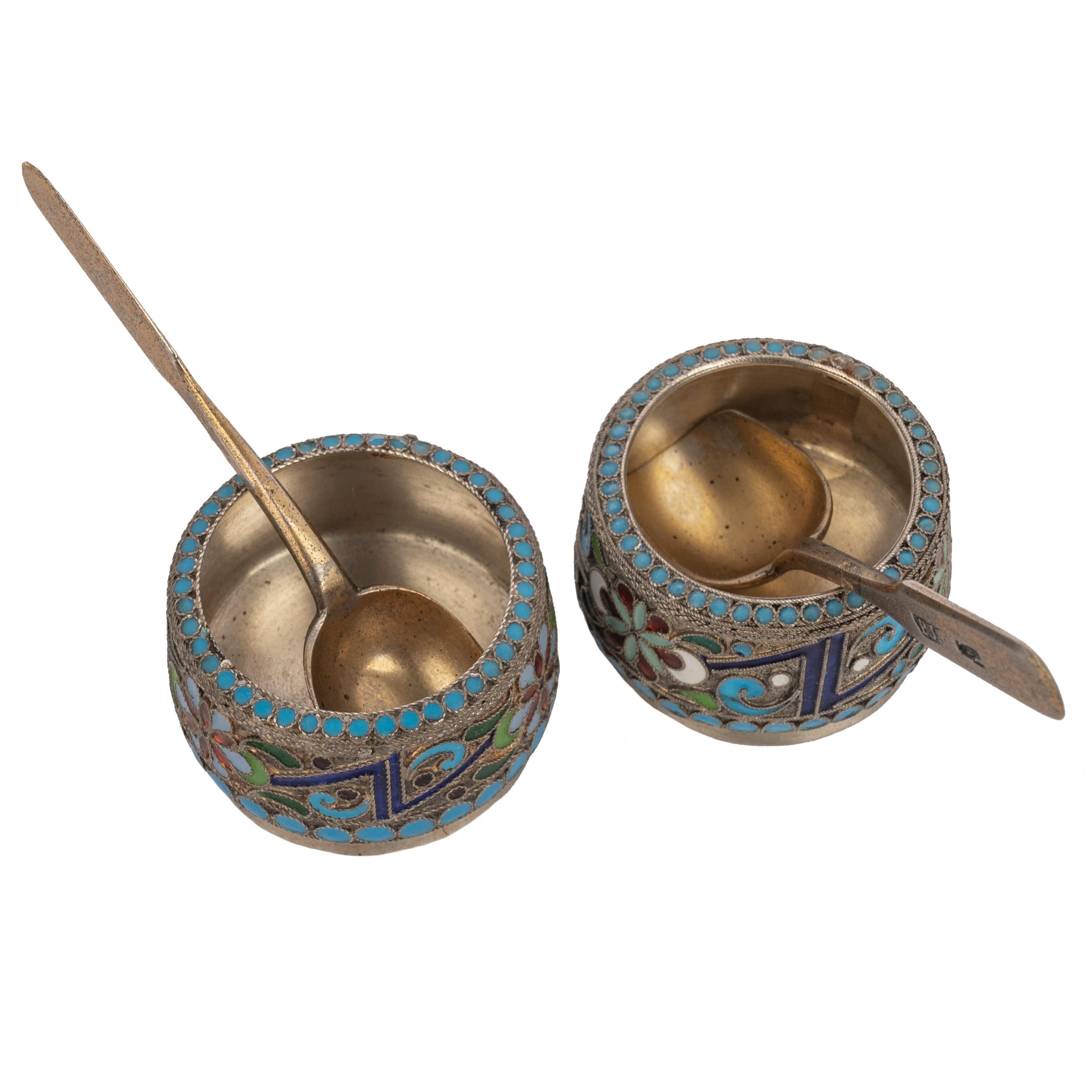 Antique Pair of Russian Silver Gilt Enamel Cloisonné Salts Spoons St. Petersburg For Sale 2