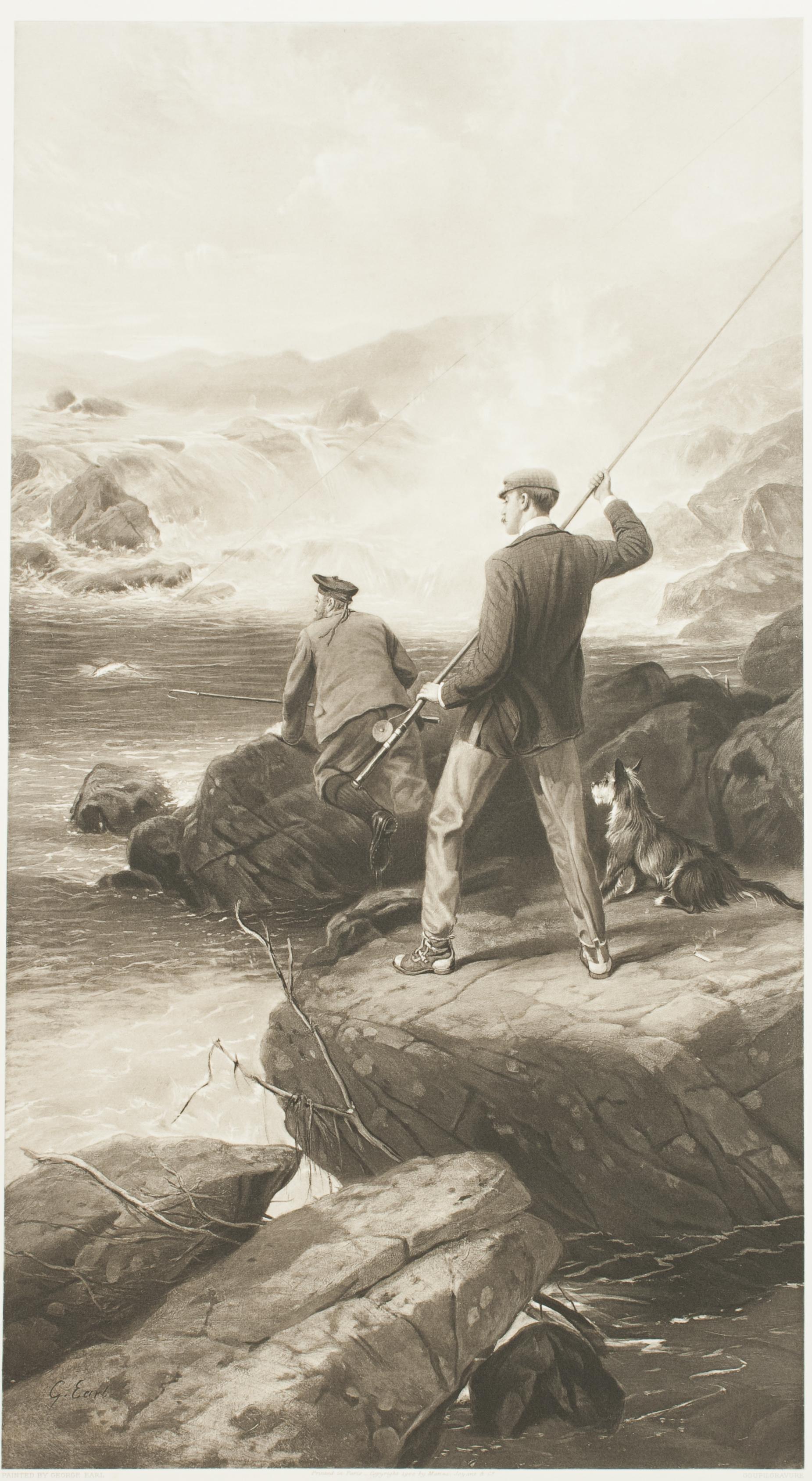 Pair of salmon fishing pictures, fishing & poaching.
A large pair of goupilgravures, fishing and poaching, by George Earl. The pair of angling pictures titled 'Salmon Poaching' & Salmon Fishing' and both are taken from the paintings by George Earl.
