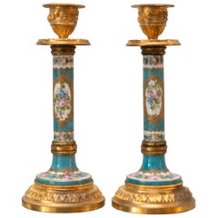 Antique Pair of Sèvres Bleu Celeste Porcelain and Bronze Candlesticks