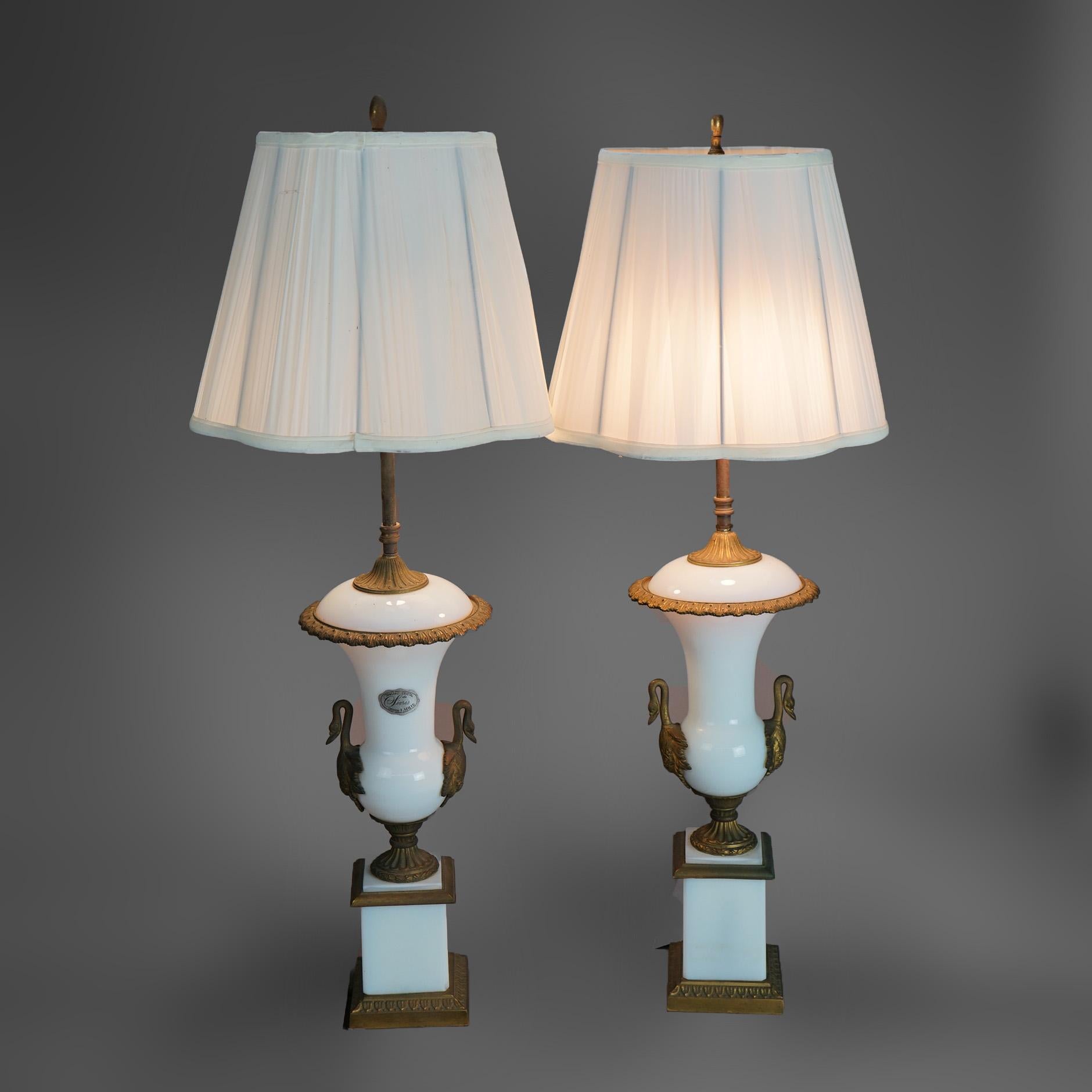 American Antique Pair of Sevrés French Opaline Glass Lamps & Figural Bronze Mounts c1920