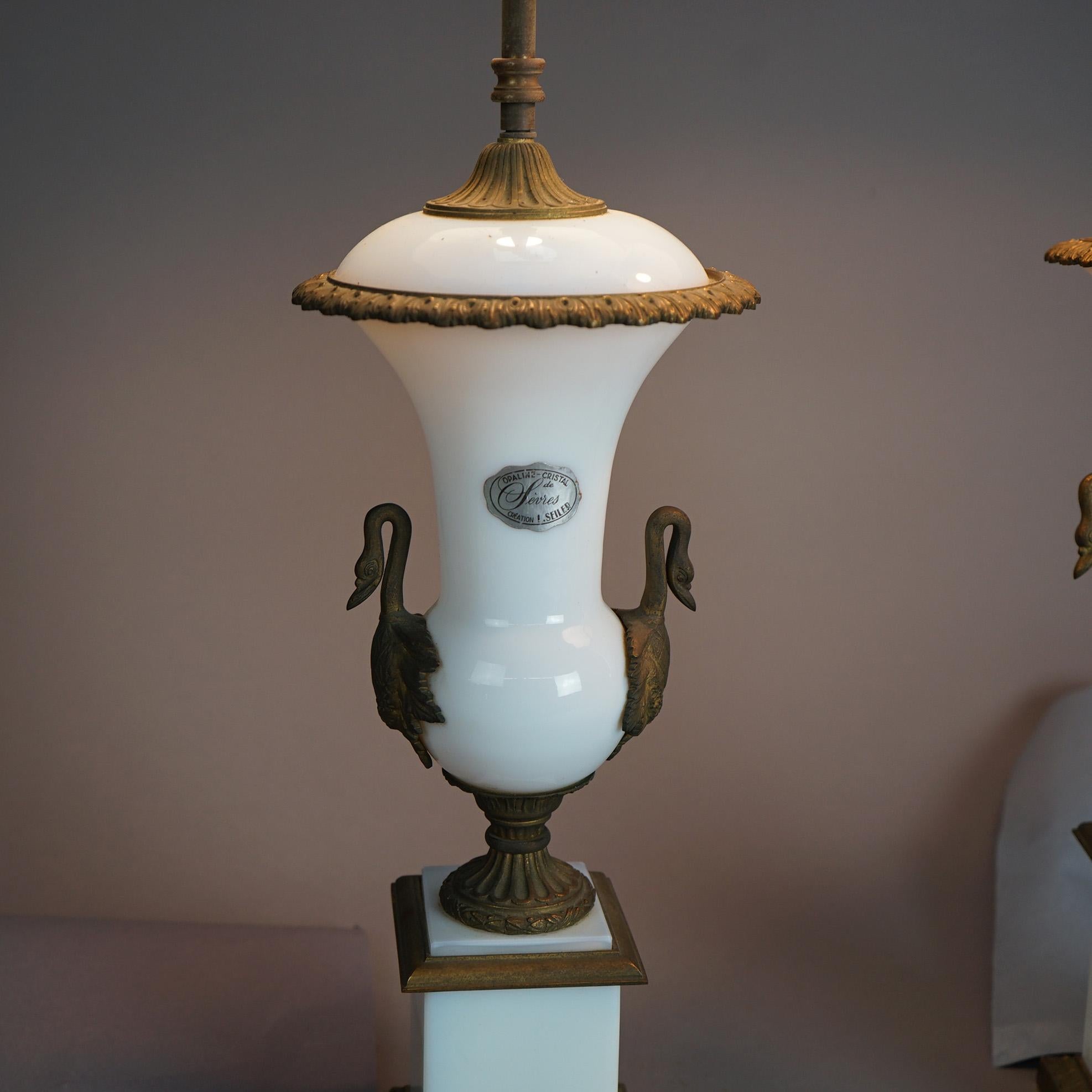 20th Century Antique Pair of Sevrés French Opaline Glass Lamps & Figural Bronze Mounts c1920