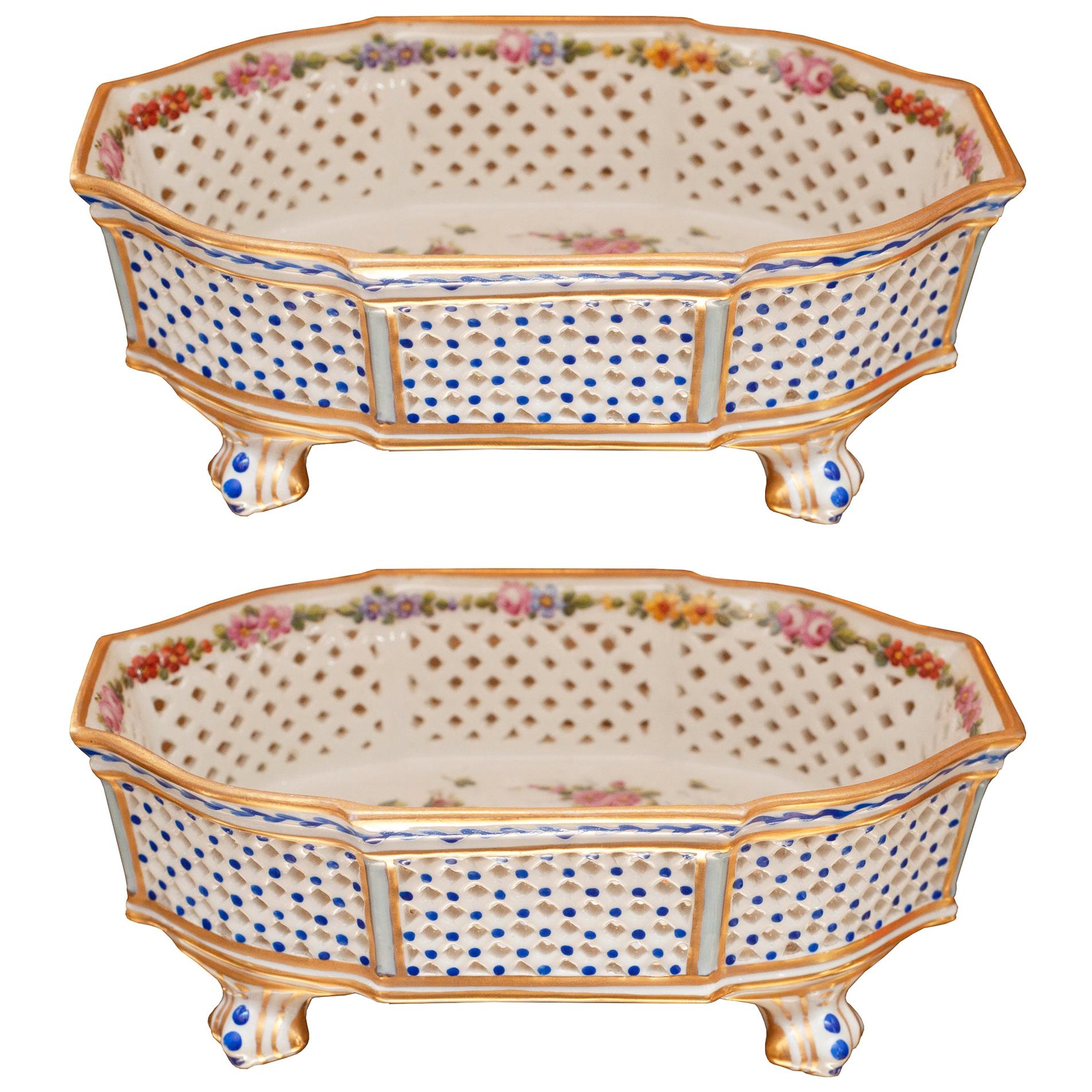 Antique Pair of Sèvres Hand Painted Porcelain Baskets with Open Gallery