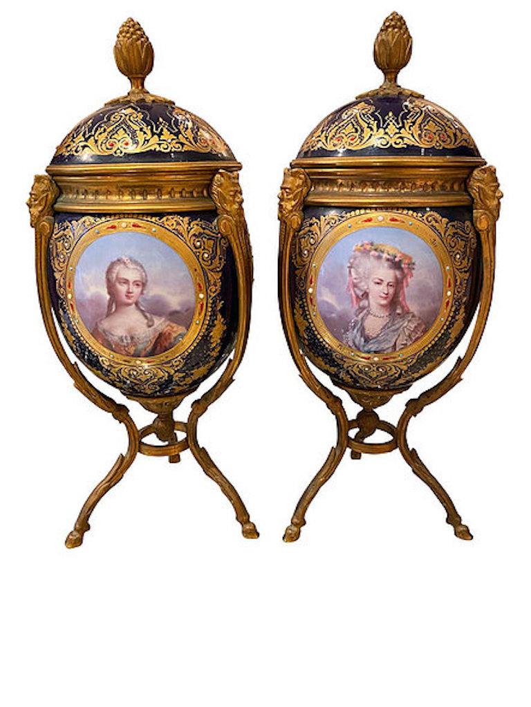 Antique Pair of ‘Sèvres’ Ormolu Mounted Vases and Covers, 1860 For Sale 3