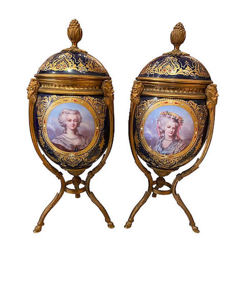 Antique Pair of ‘Sèvres’ Ormolu Mounted Vases and Covers, 1860 For Sale 4