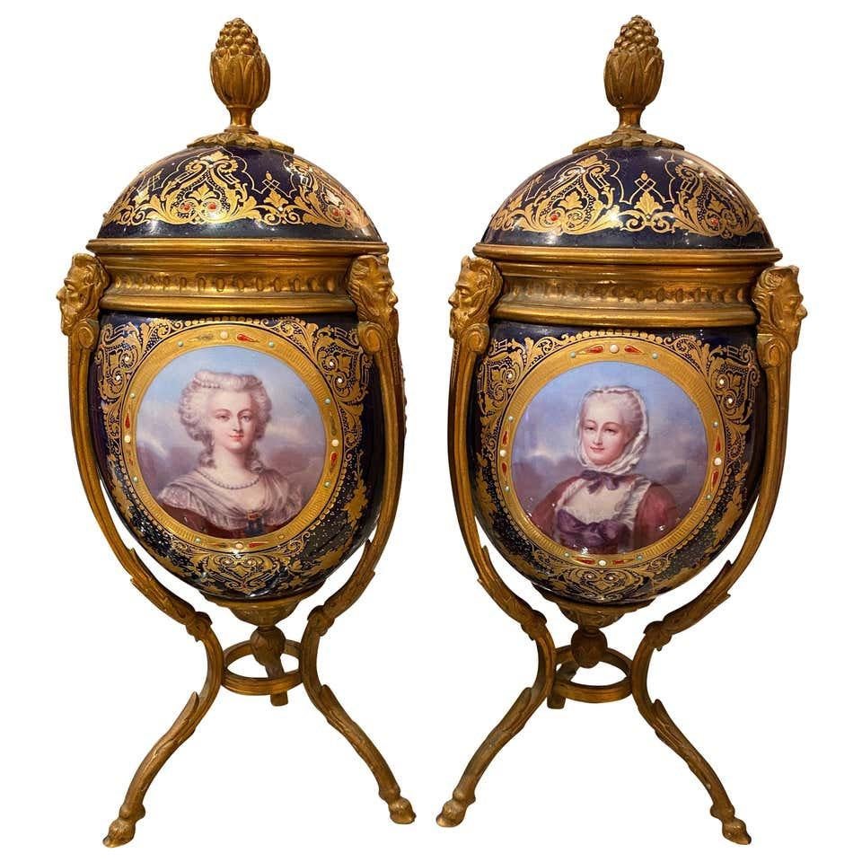 French Antique Pair of ‘Sèvres’ Ormolu Mounted Vases and Covers, 1860 For Sale