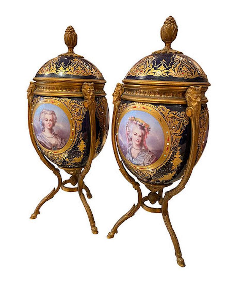Antique Pair of ‘Sèvres’ Ormolu Mounted Vases and Covers, 1860 In Good Condition For Sale In Southall, GB
