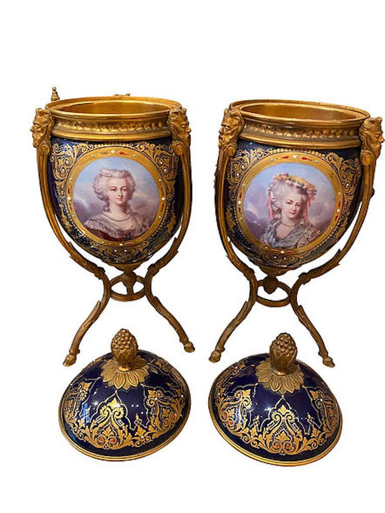 19th Century Antique Pair of ‘Sèvres’ Ormolu Mounted Vases and Covers, 1860 For Sale