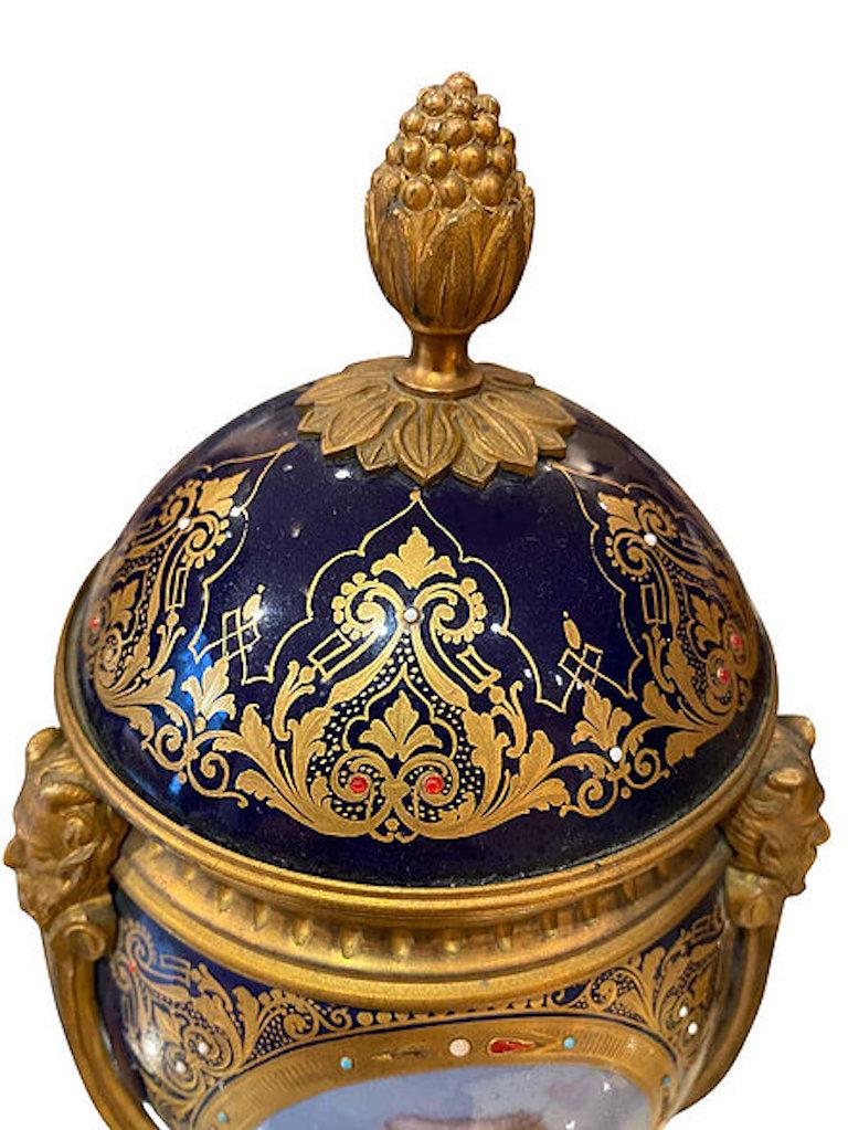 Porcelain Antique Pair of ‘Sèvres’ Ormolu Mounted Vases and Covers, 1860 For Sale