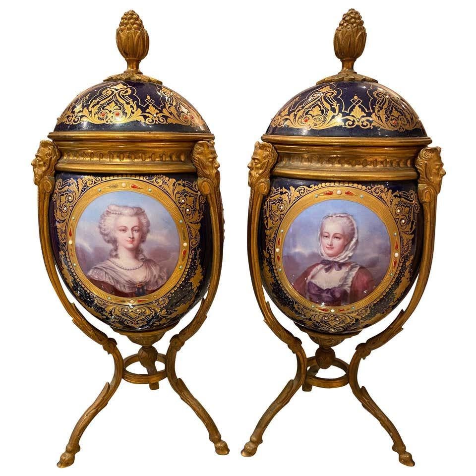 Antique Pair of ‘Sèvres’ Ormolu Mounted Vases and Covers, 1860 For Sale