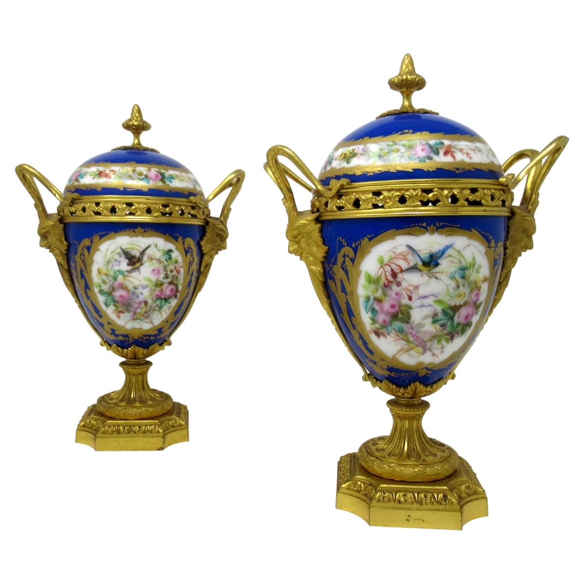 Antique Pair of Sèvres Porcelain Still Life Ormolu Cobalt Blue Urns Vases