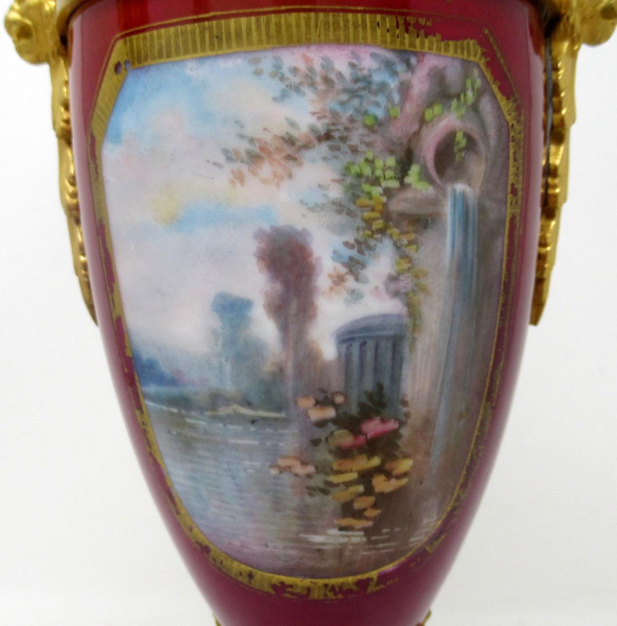 Antique Pair of Sèvres Porcelain Watteau Scene Gilt Bronze Landscape Urns Vases 3