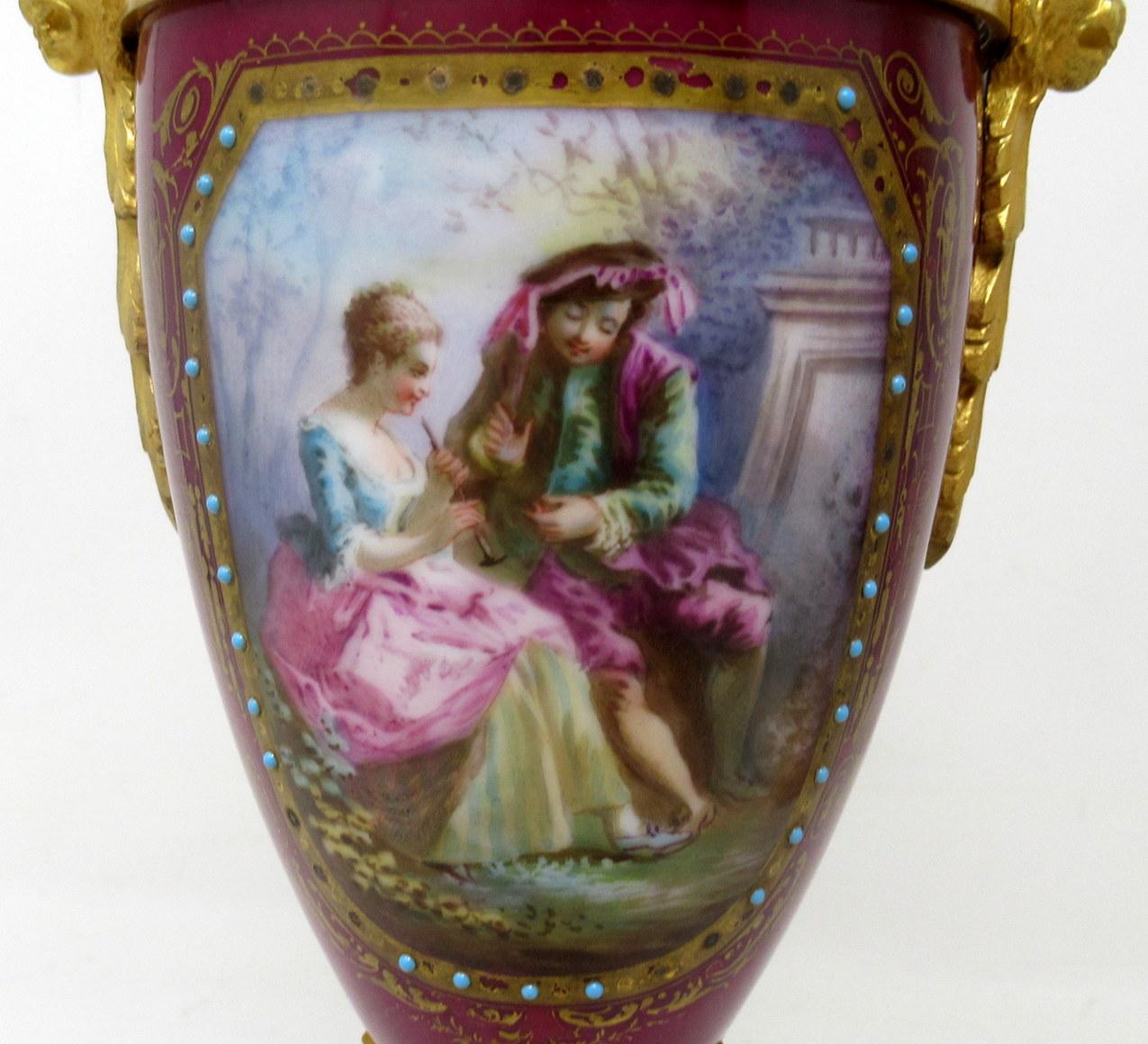 Ceramic Antique Pair of Sèvres Porcelain Watteau Scene Gilt Bronze Landscape Urns Vases