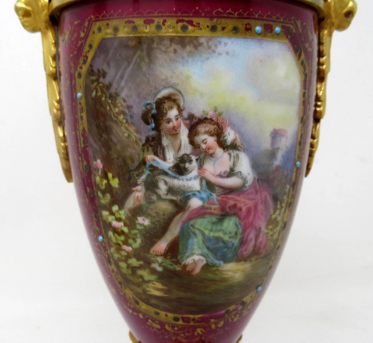 Antique Pair of Sèvres Porcelain Watteau Scene Gilt Bronze Landscape Urns Vases 1