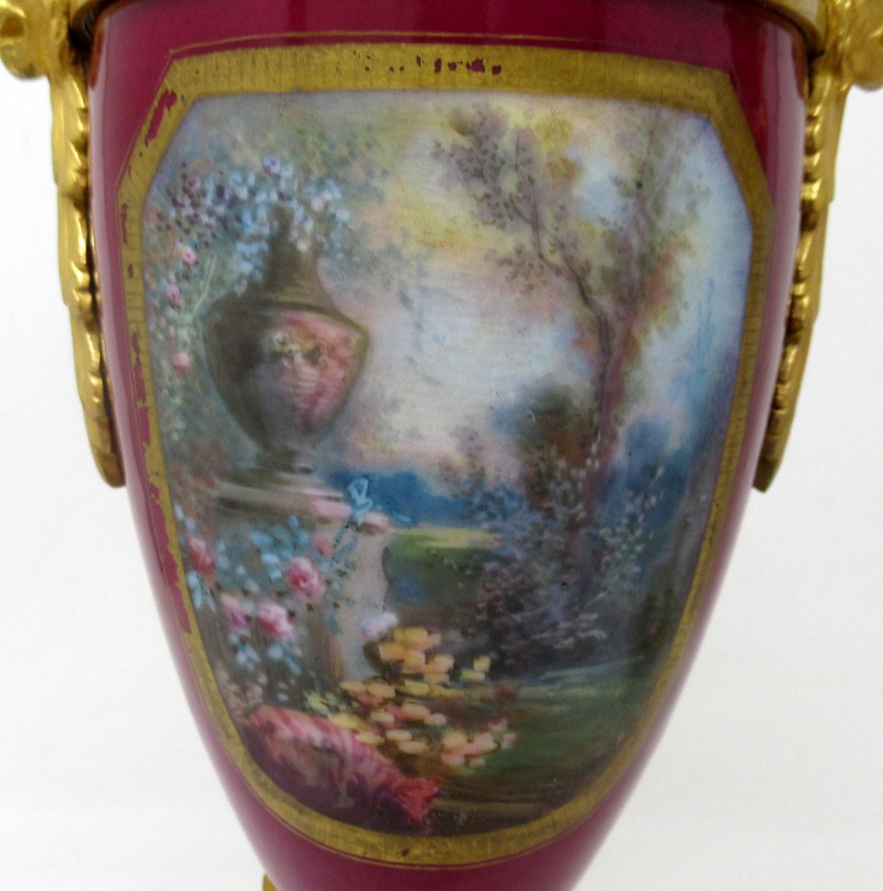 Antique Pair of Sèvres Porcelain Watteau Scene Gilt Bronze Landscape Urns Vases 2