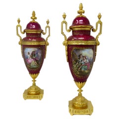 Antique Pair of Sèvres Porcelain Watteau Scene Gilt Bronze Landscape Urns Vases