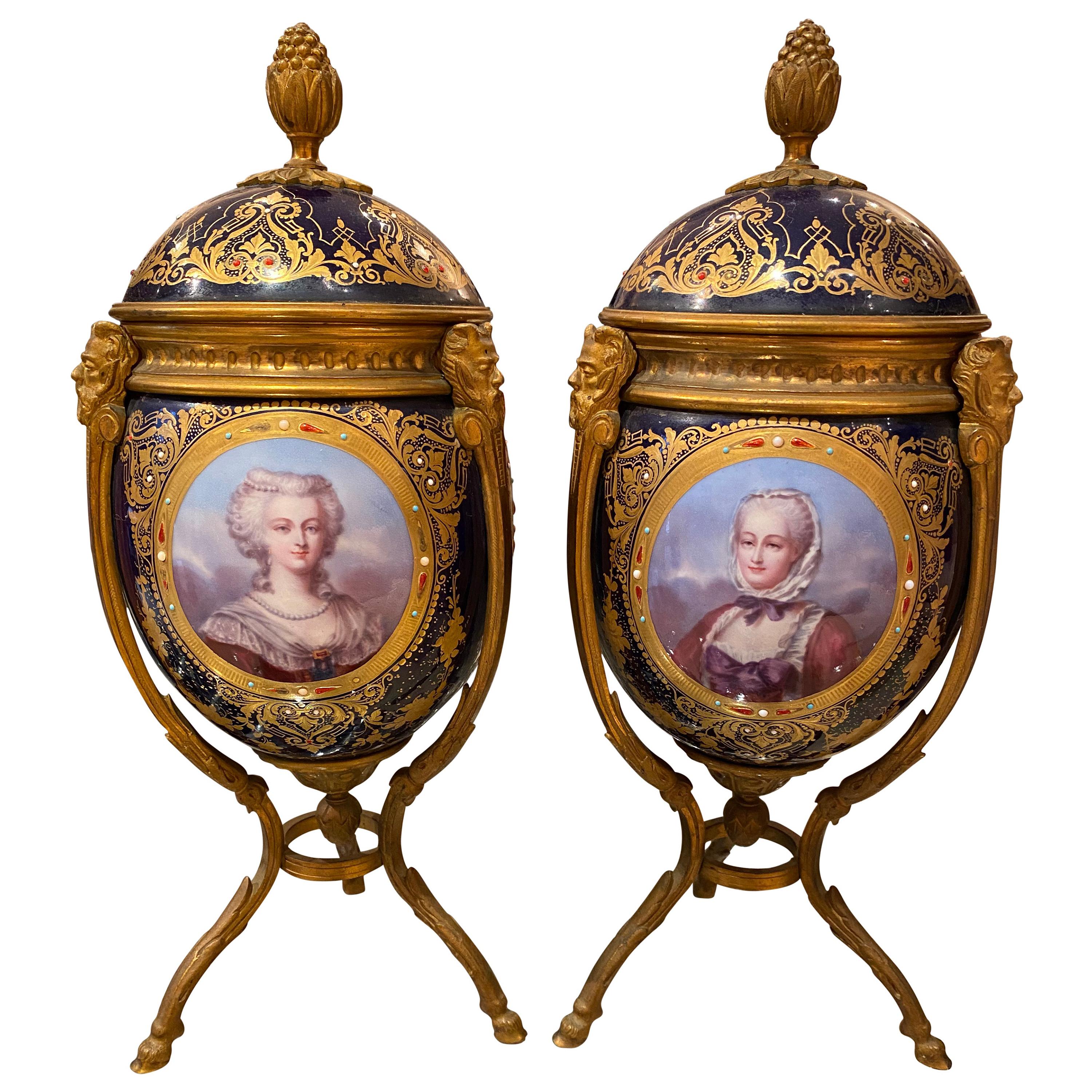 Antique Pair of ‘Sèvres’ Style Ormolu Mounted Vases and Covers, 1860 For Sale