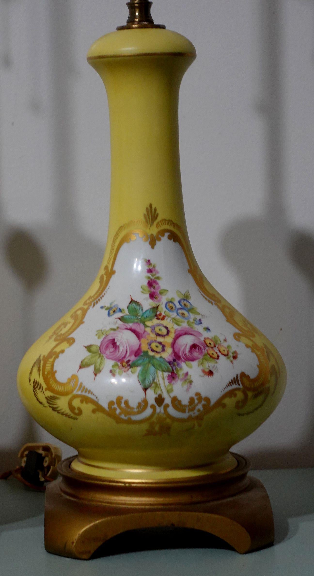 North American Antique Pair of Shaped Hand-Painted Reserved Floral Lamps, 1900s For Sale