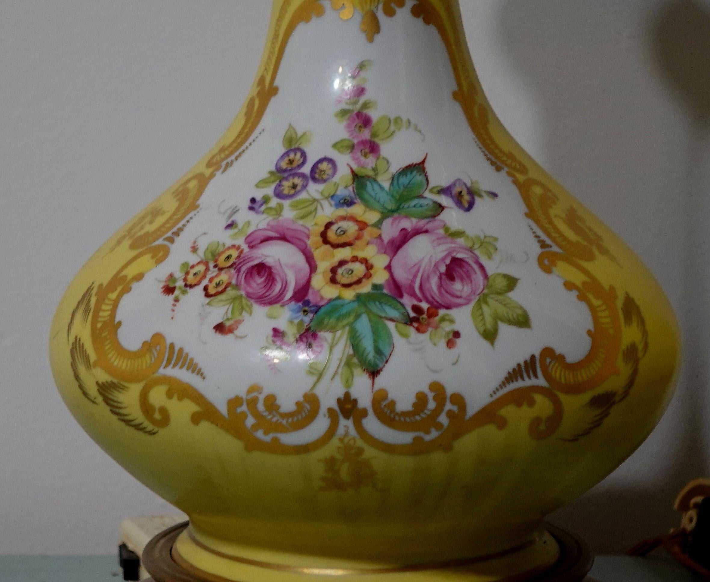 Hand-Crafted Antique Pair of Shaped Hand-Painted Reserved Floral Lamps, 1900s For Sale