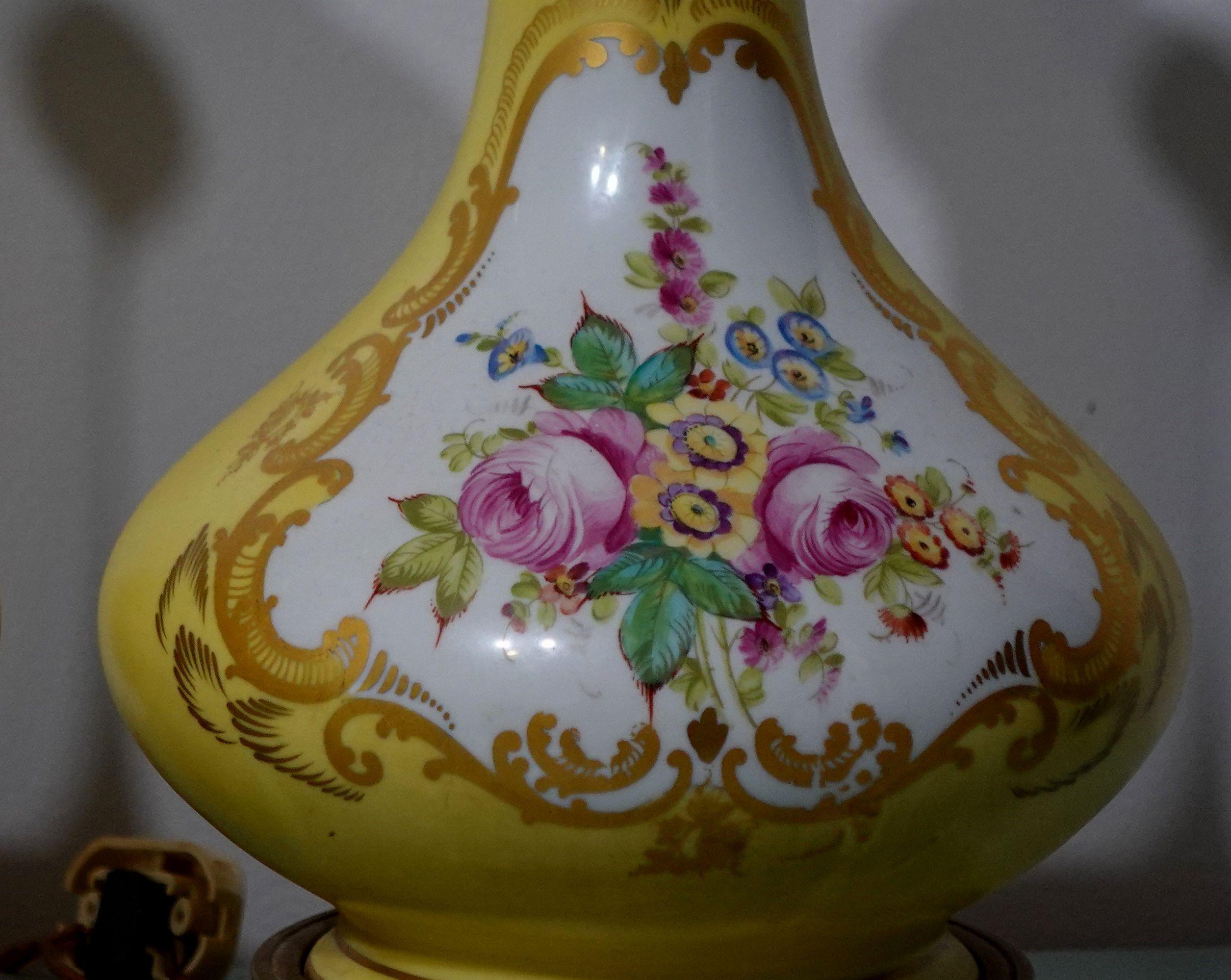 Antique Pair of Shaped Hand-Painted Reserved Floral Lamps, 1900s In Good Condition For Sale In Norton, MA