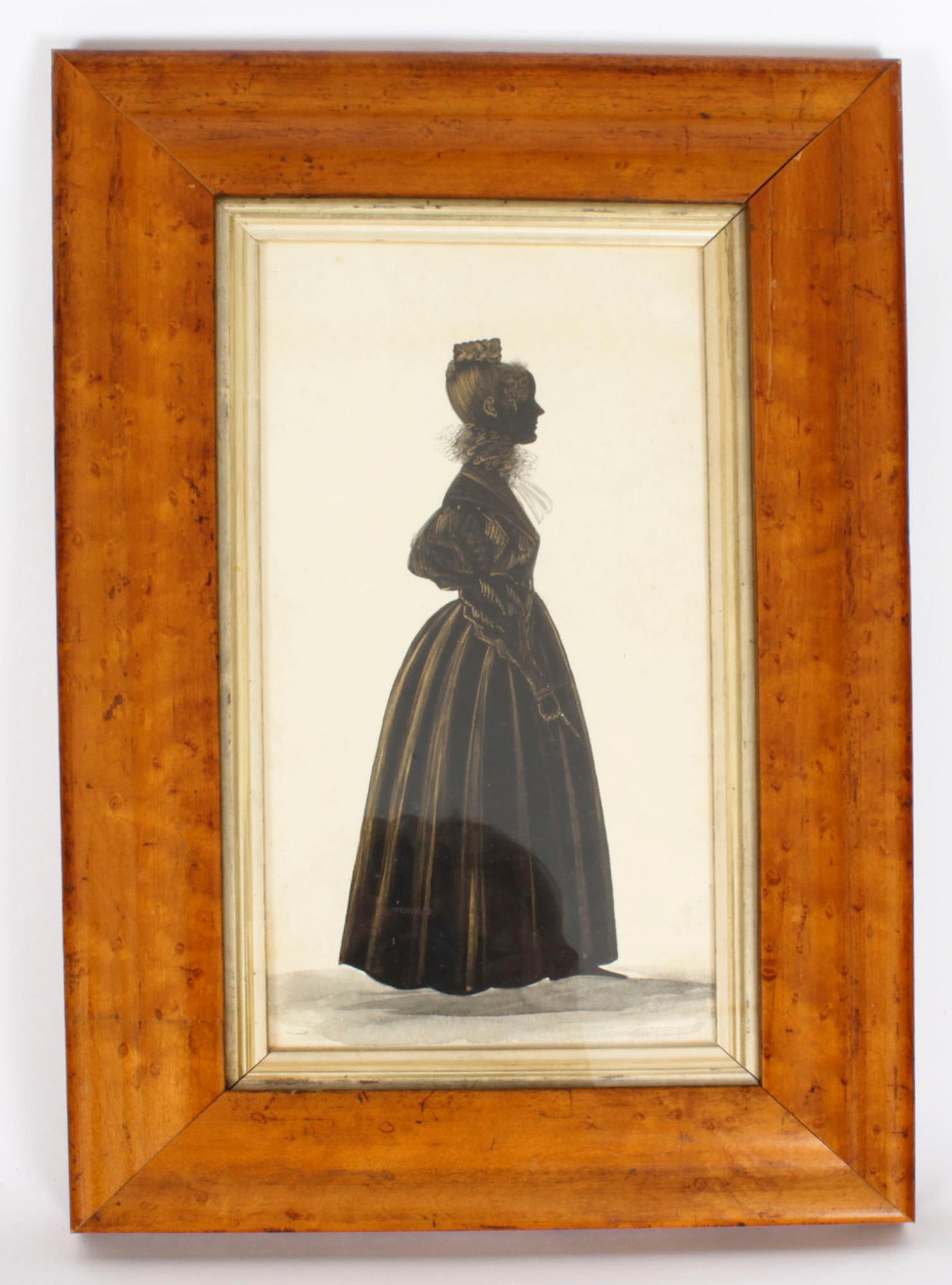 Paire de cadres anciens en érable moucheté pour portraits de Silhouette 19ème siècle en vente 2