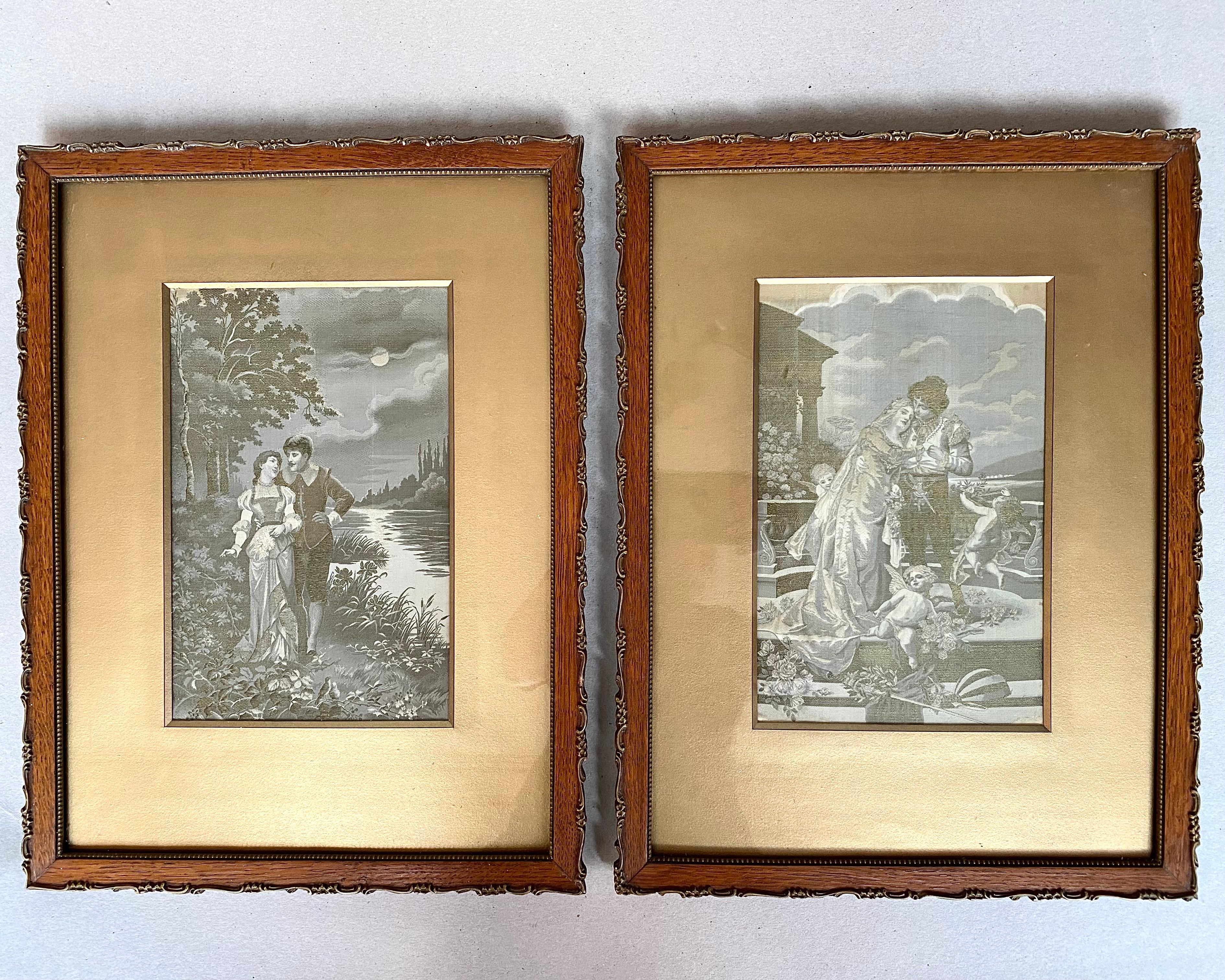 Antique 1900s French Framed Tapestry of Monochrome Silk Woven. Beautiful old woven silk from Staron & Meyer Saint Etienne.

Divine Images of the couples framed within a wooden picture frames.

A Wonderful Addition for any Home or