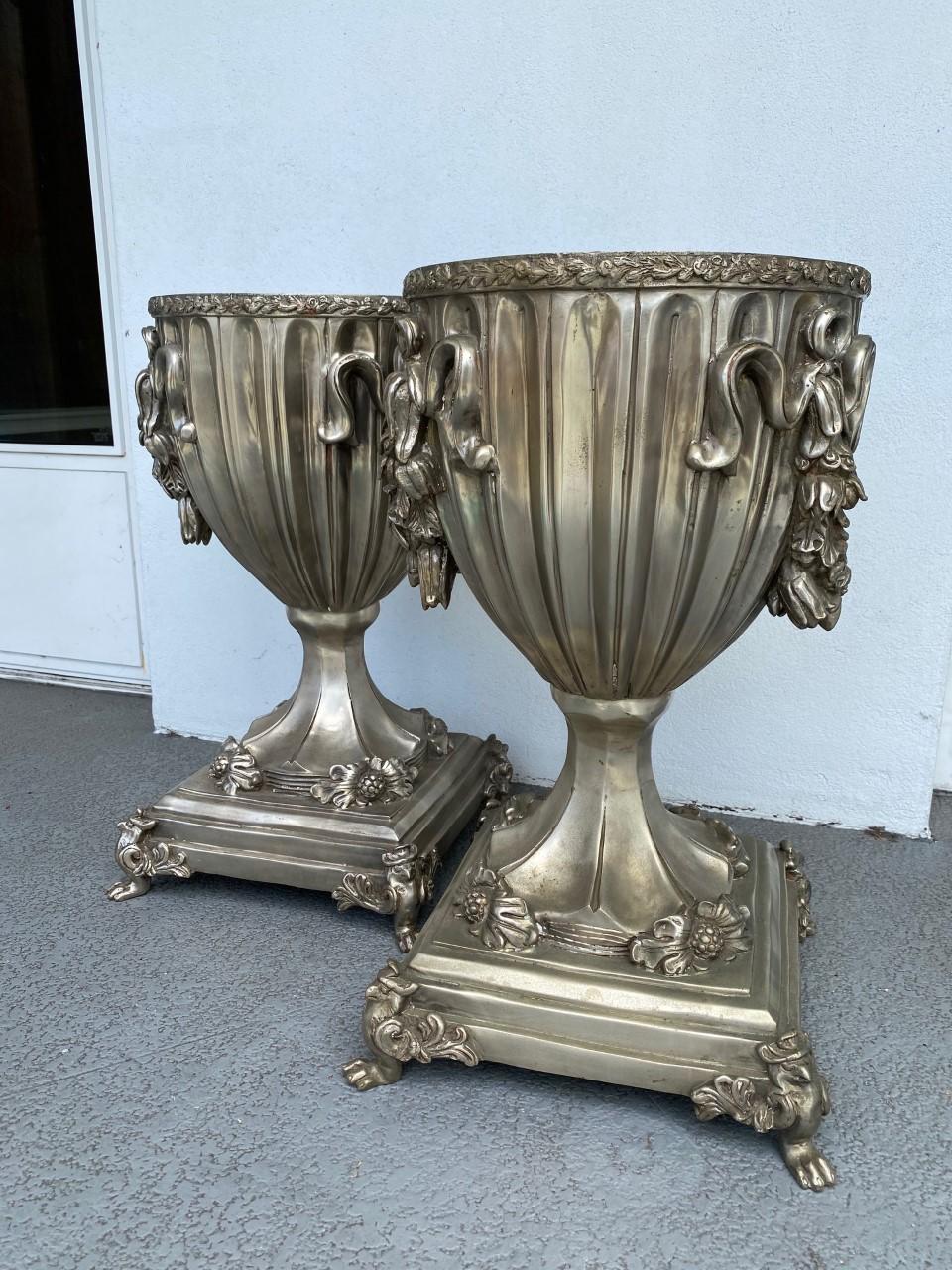 Art Deco Antique Pair of Silver Dipped Bronze Urns For Sale