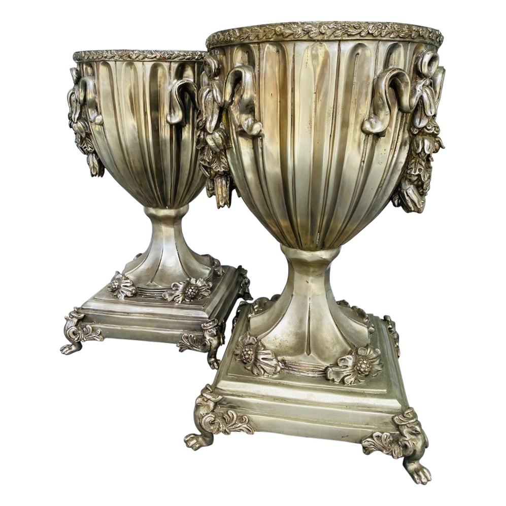 Antique Pair of Silver Dipped Bronze Urns For Sale