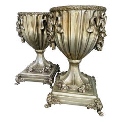Vintage Pair of Silver Dipped Bronze Urns