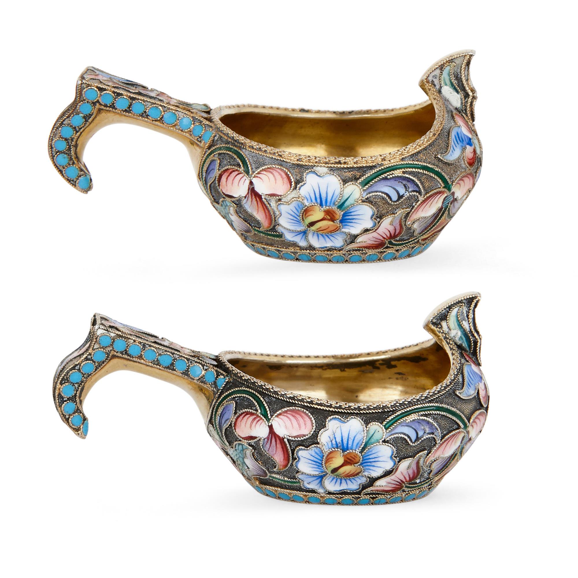 Russian Antique Pair of Silver-Gilt and Enamel Kovshes by Semenova For Sale