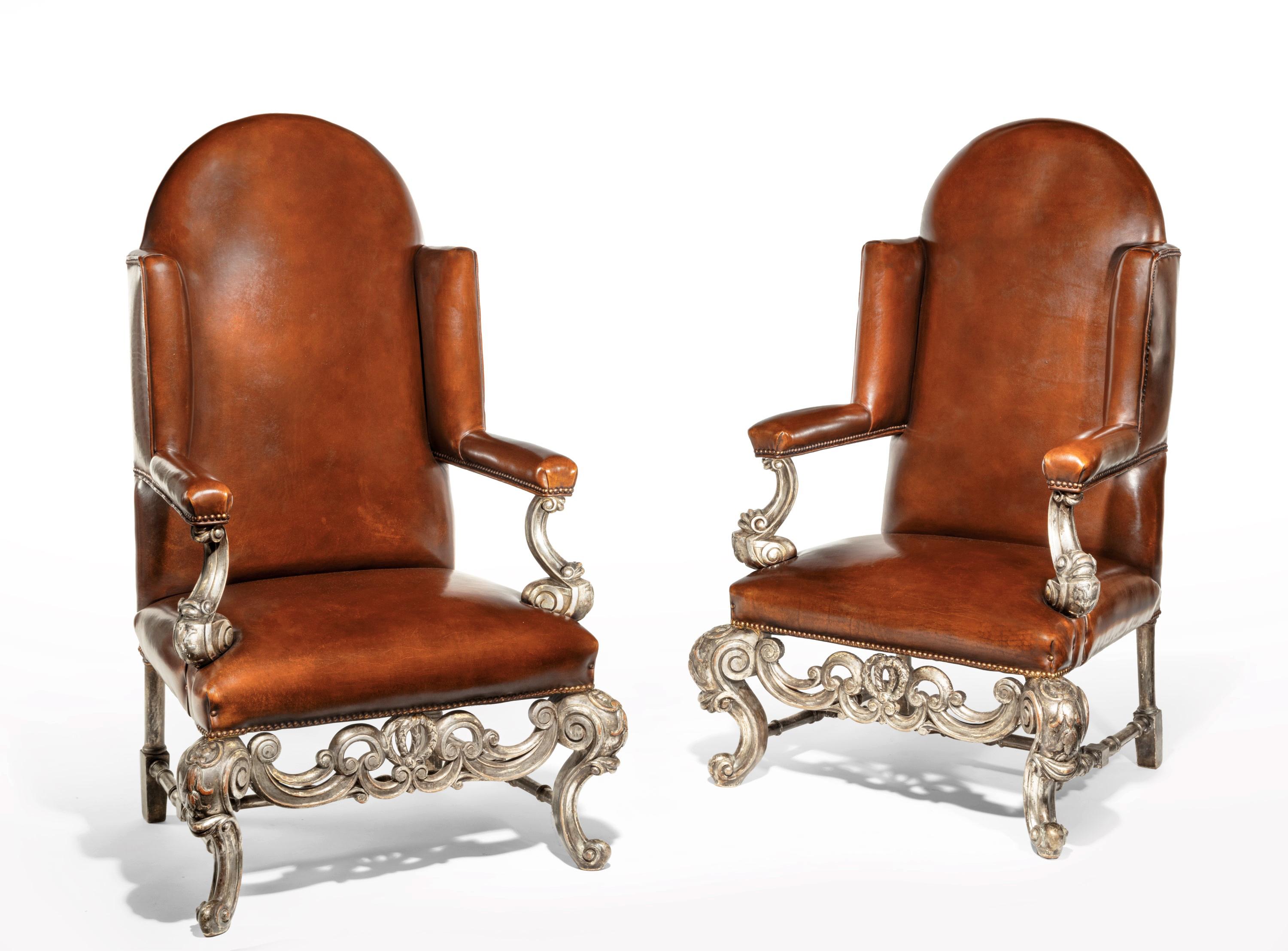 Victorian Antique Pair of Silver Gilt Leather Upholstered Wing Chairs