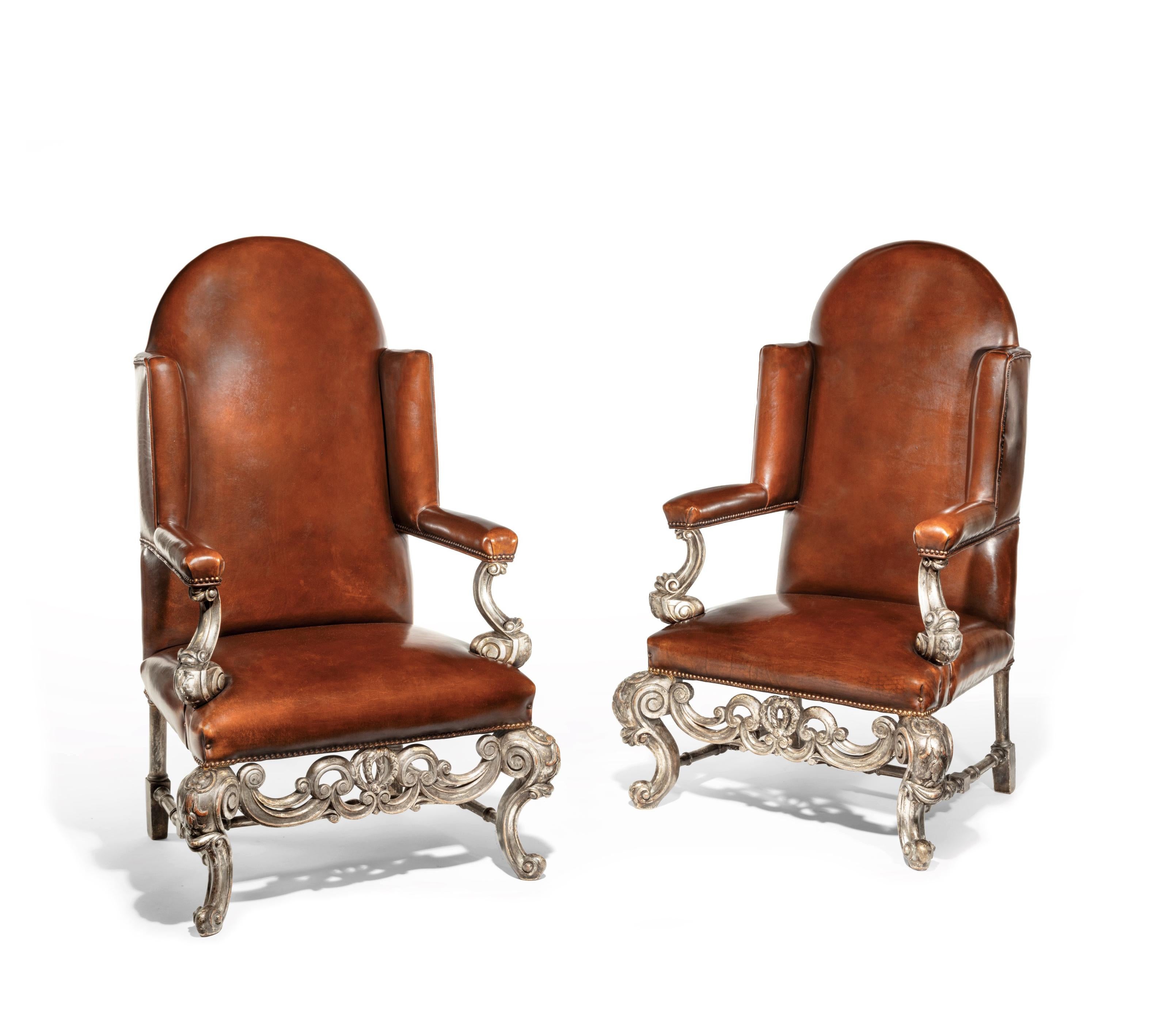 Antique Pair of Silver Gilt Leather Upholstered Wing Chairs In Good Condition In Benington, Herts