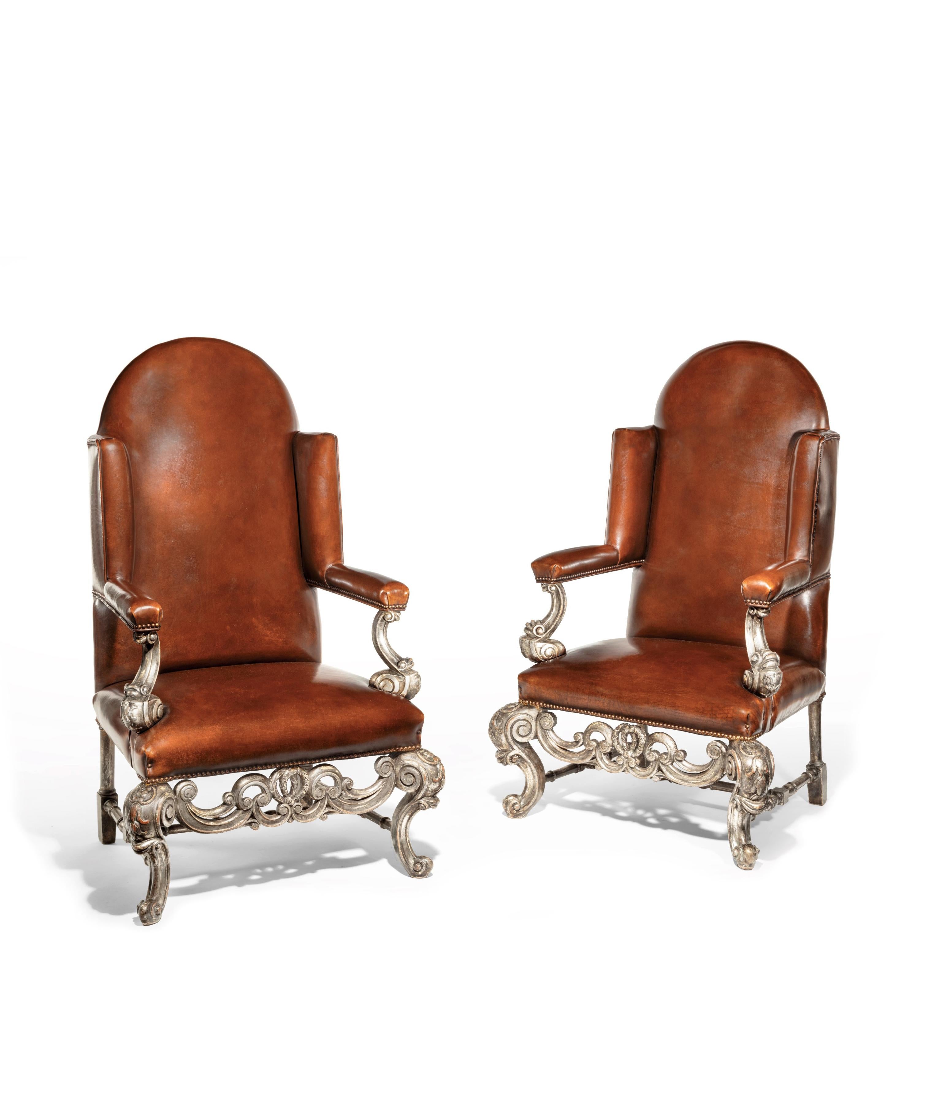 Antique Pair of Silver Gilt Leather Upholstered Wing Chairs 3