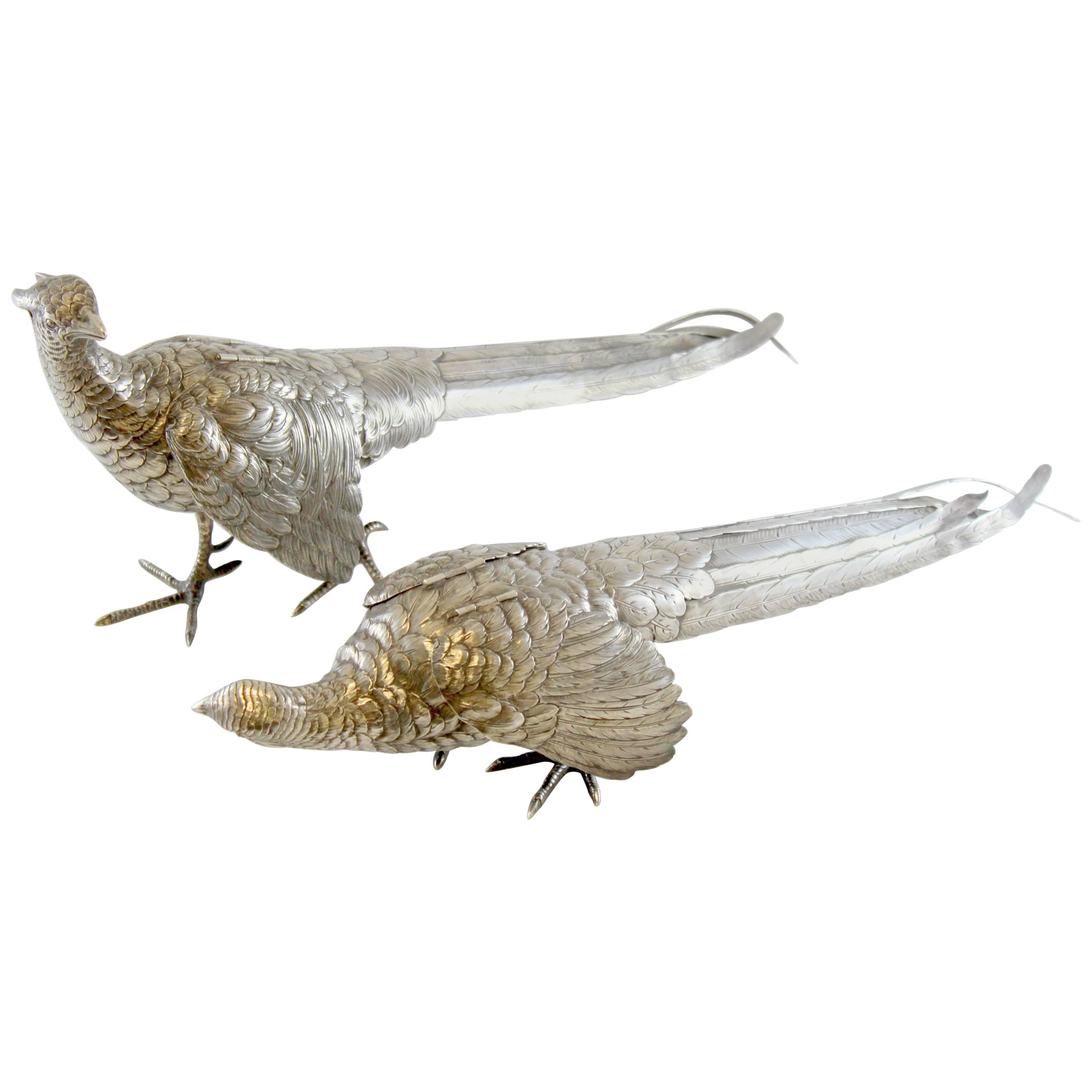 Antique Pair of Silver Large Bird Figurines, Possibly Spanish, 20th Century