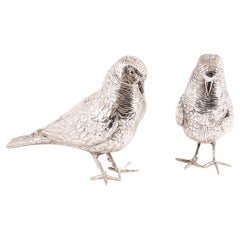 Antique Pair of Silver Plate Bronze Table Doves 20th Century