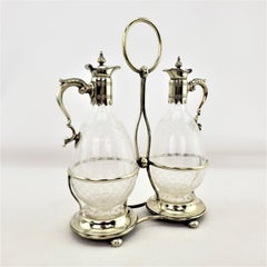 Antique Pair of Silver Plated & Etched Glass Claret Jugs, or Sherry Decanters