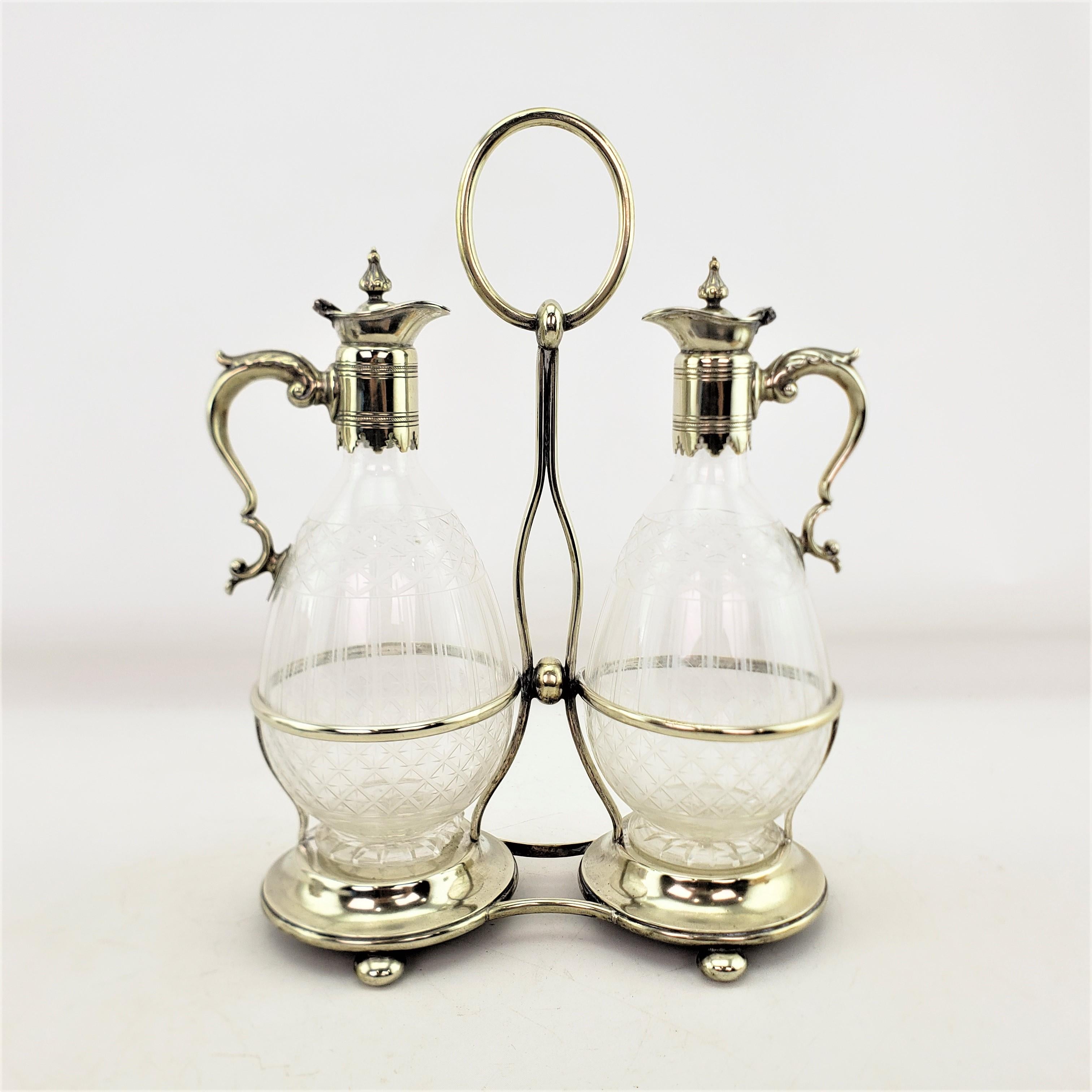 Edwardian Antique Pair of Silver Plated & Etched Glass Claret Jugs, or Sherry Decanters For Sale