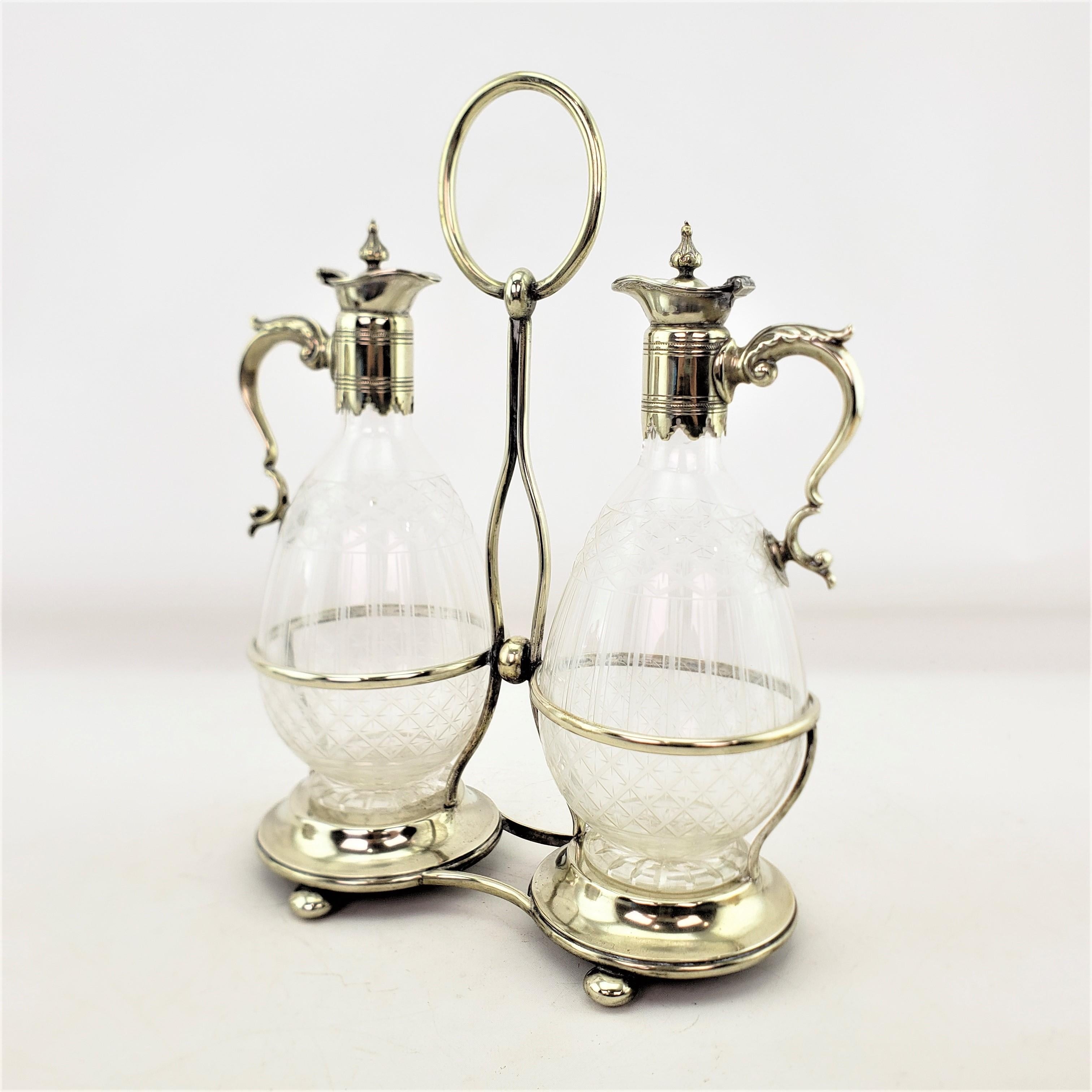 English Antique Pair of Silver Plated & Etched Glass Claret Jugs, or Sherry Decanters For Sale