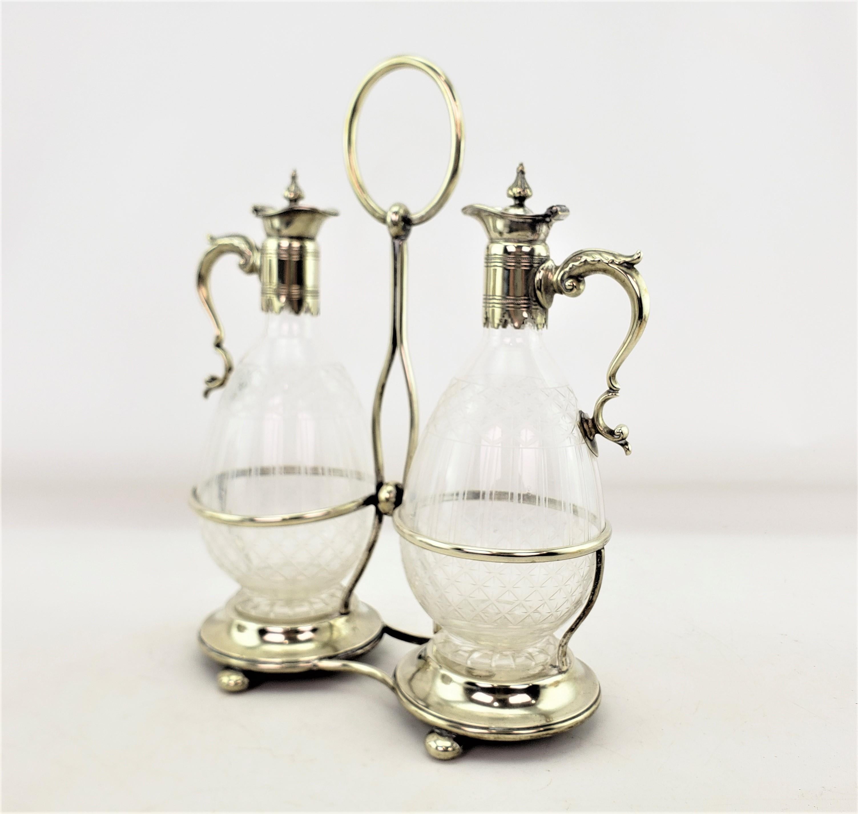 20th Century Antique Pair of Silver Plated & Etched Glass Claret Jugs, or Sherry Decanters For Sale