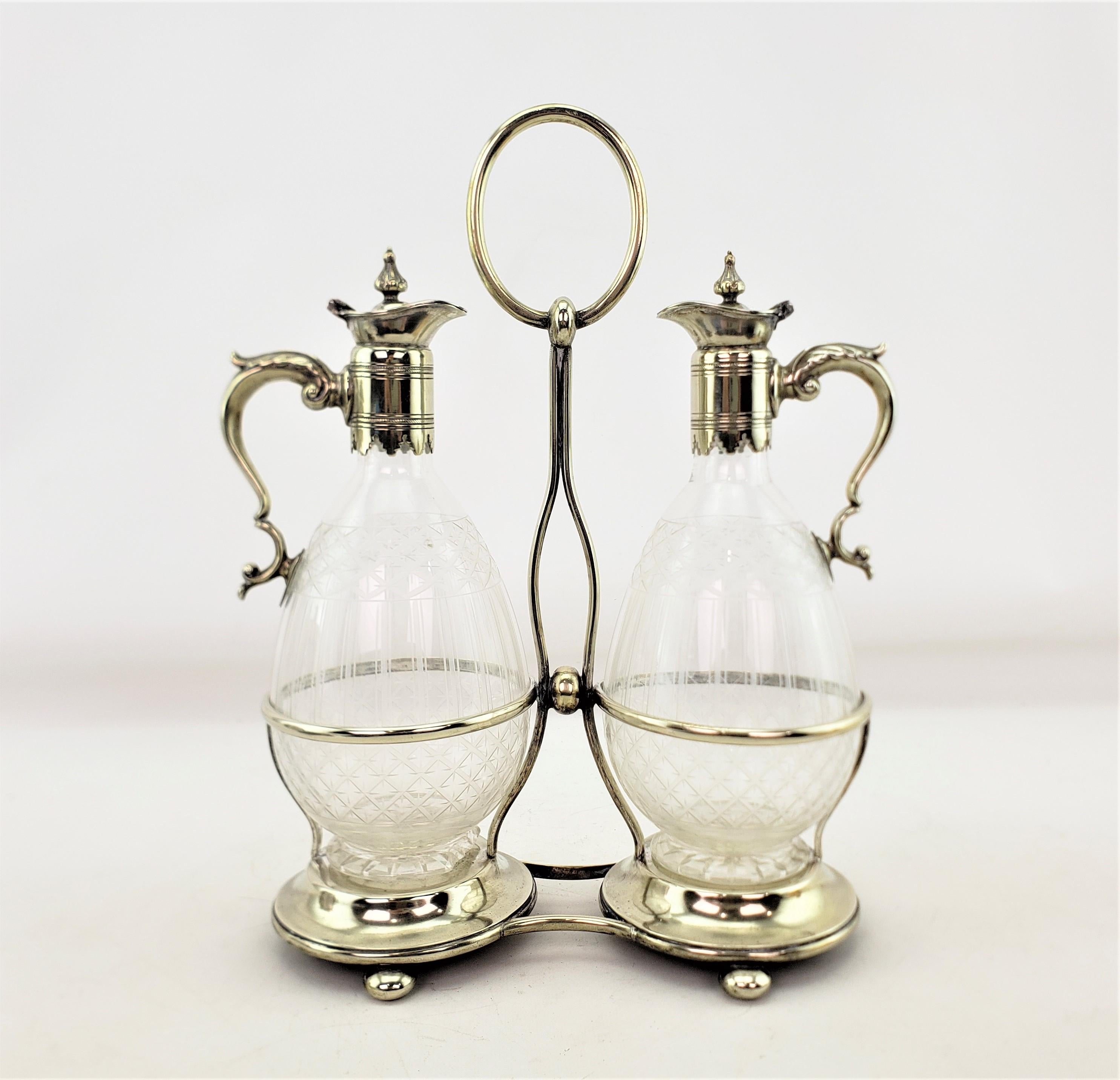 Antique Pair of Silver Plated & Etched Glass Claret Jugs, or Sherry Decanters For Sale 2