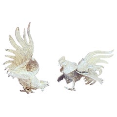Antique Pair of Silver Rooster Stand, Decoration for Home Décor, Animal Figure