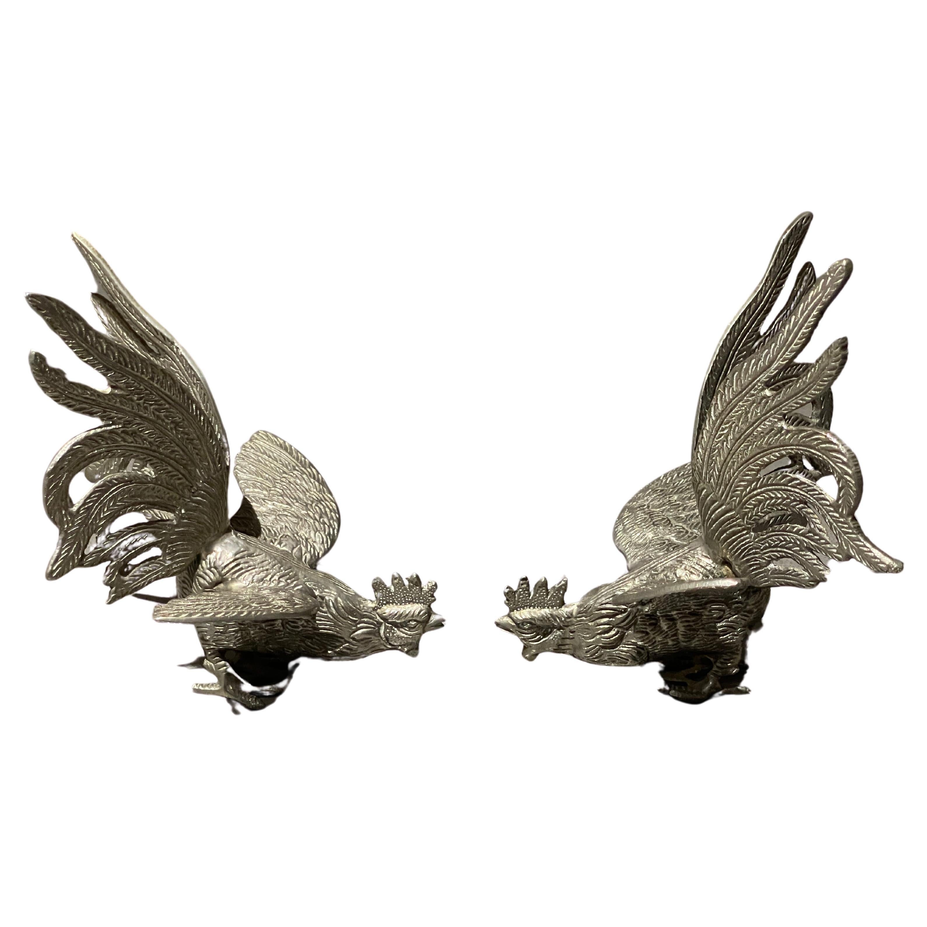 Antique Pair of Silver Rooster Stand, Decoration Object for Home Décor For Sale