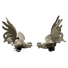 Antique Pair of Silver Rooster Stand, Decoration Object for Home Décor