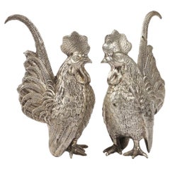 Antique Pair of Silver Rooster Stand, Decoration Sculpture for Home Décor